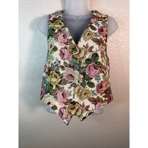 Nadia Women Small Vest Floral Tapestry Rose V Neck Button Front Vintage Cottage
